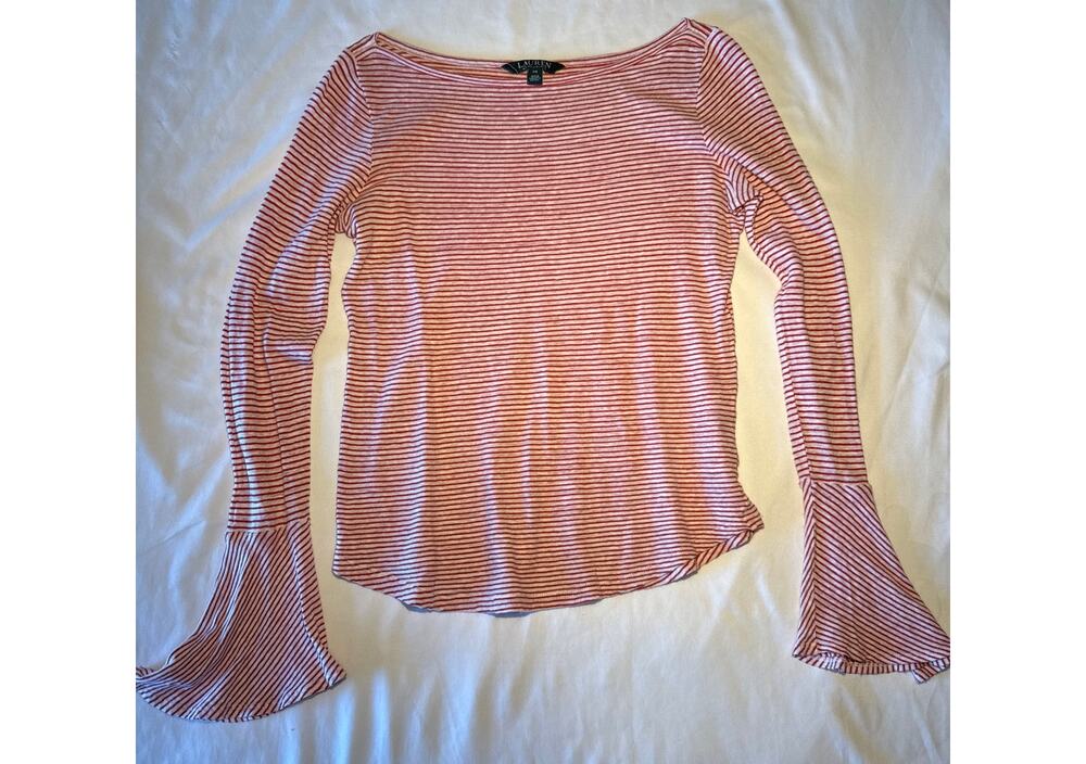 Lauren Ralph Lauren XS Red White Striped Bell Sleeve Linen Blend Top